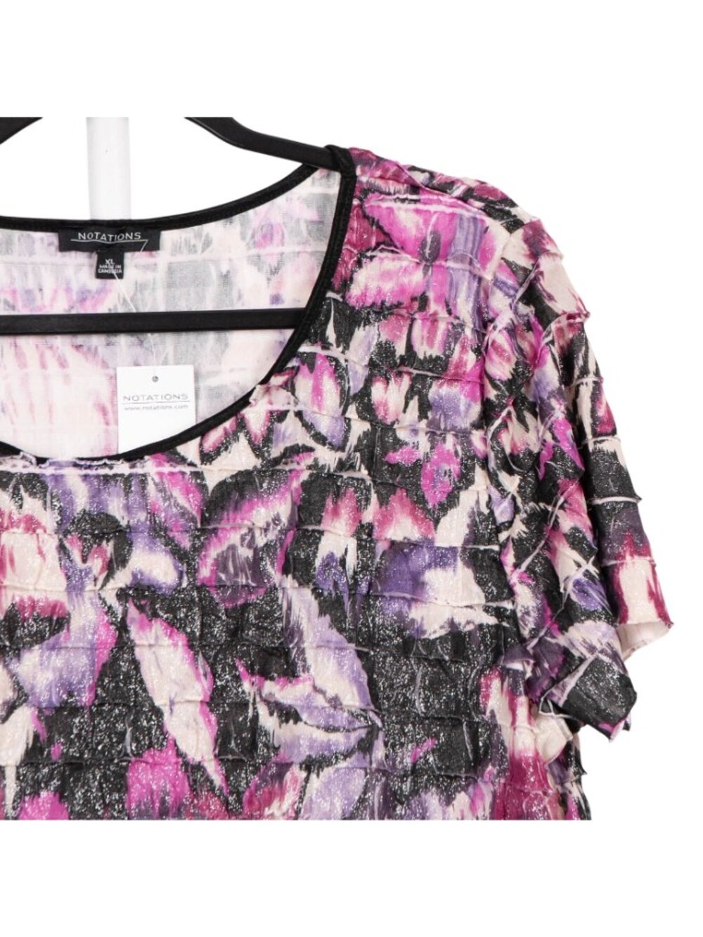 Ruffle Floral Shirt XL Womens NEW Sparkle Pink Purple Y2K Short Sleeve Blouse - Picture 2 of 6